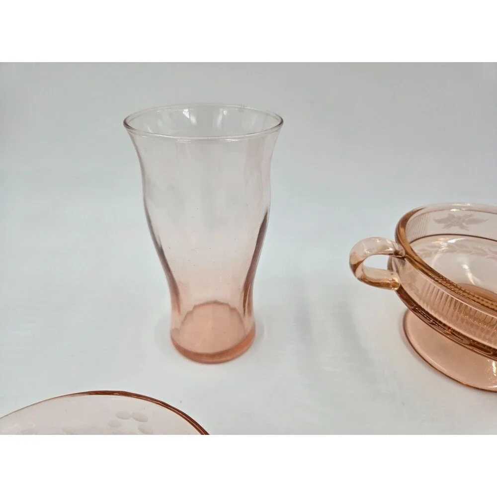 Lot of Vintage Pink Floral Depression Glass Pieces Nappy Triangle Dish Handled
